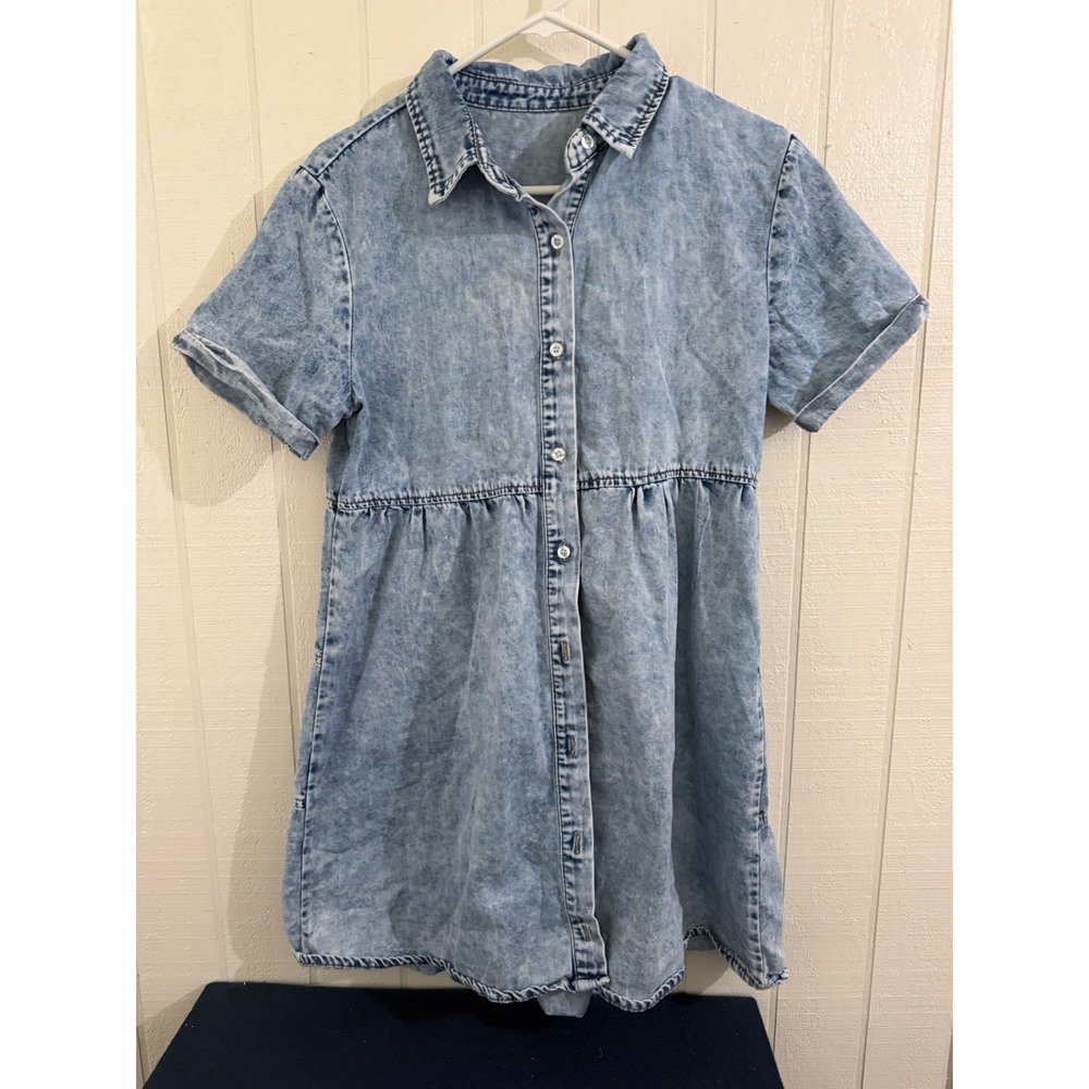 Womens Light Acid Wash Denim Tiered Short Sleeve Button Front Shirt Dress Small